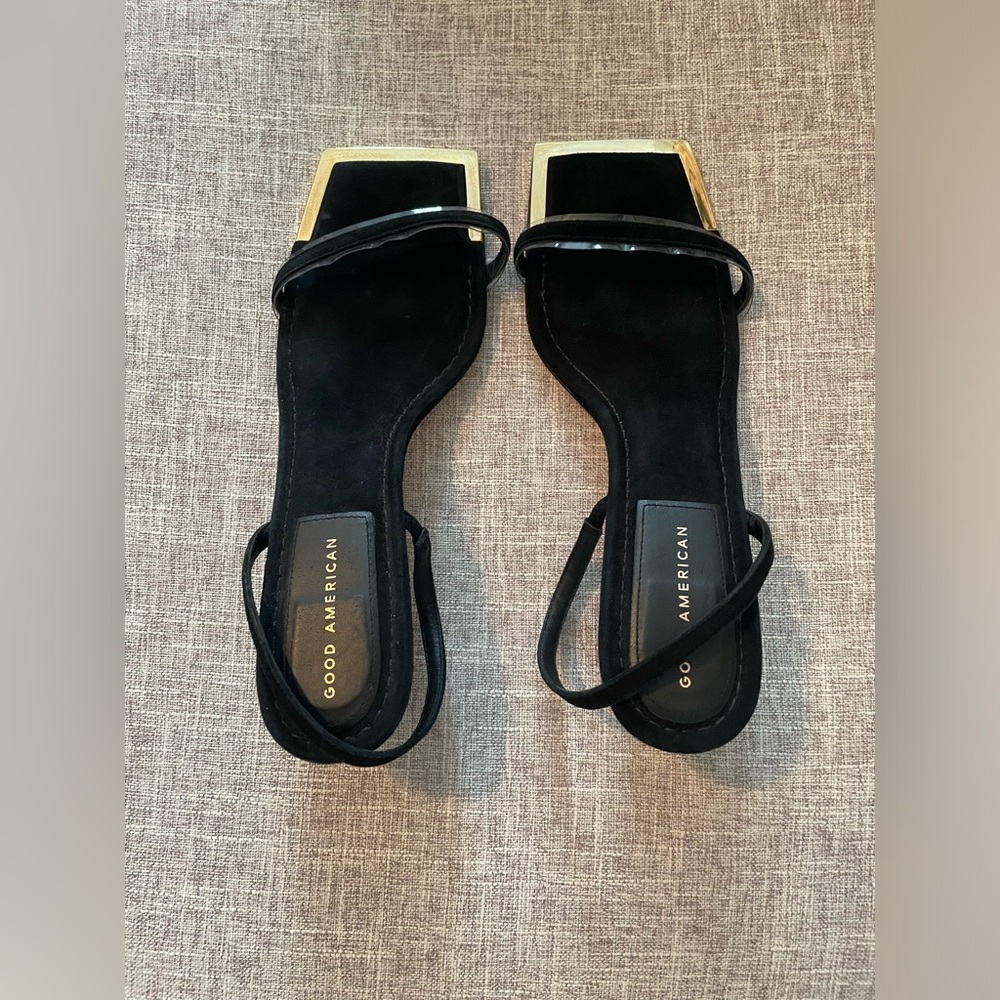 Good American The Standout Square Toe Sandals - black suede with a gold accent - Picture 2 of 6